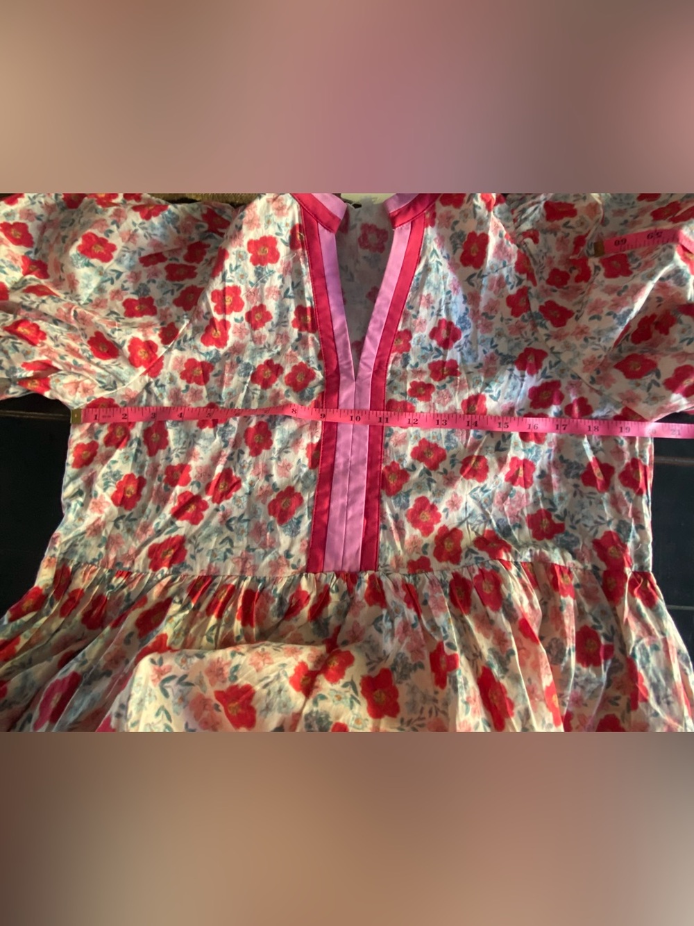 Entro Red Floral Puff-Sleeve Dress - Pink Trim - Picture 6 of 7